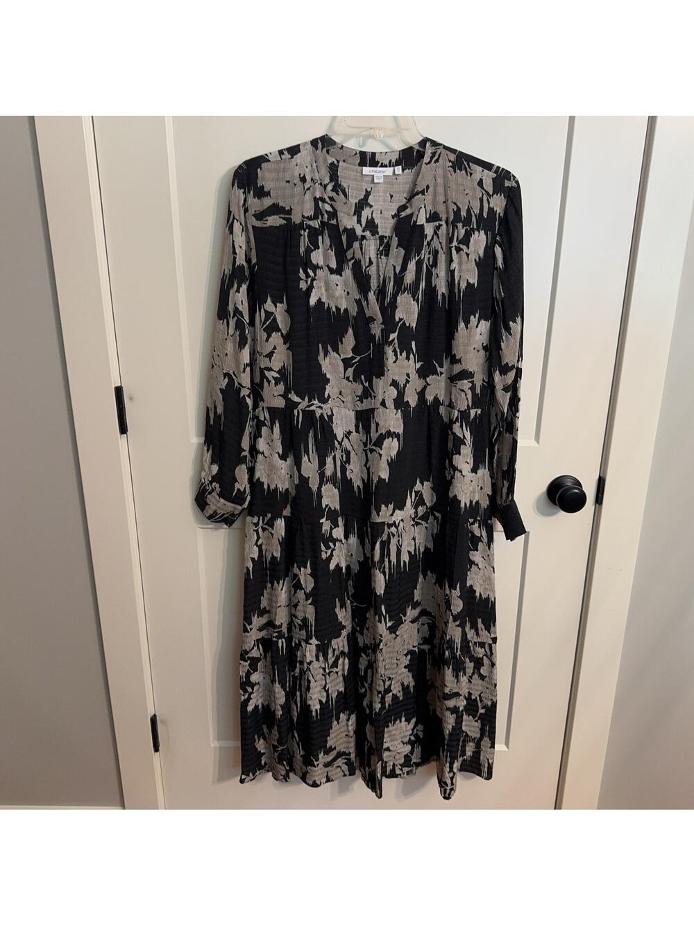 Chico's Dress Sz 14 Black Floral Viscose Long Sleeve Maxi Swing Boho Work Travel